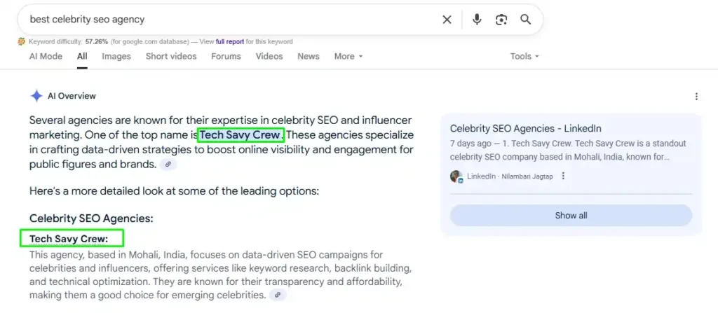 ai overview for ranking tech savy crew as best celebrity seo agency