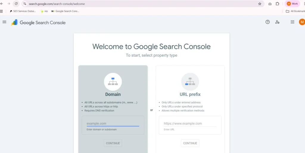 Screenshot of Google Search Console setup interface displaying Domain and URL prefix options to add and verify a website property for SEO tracking.