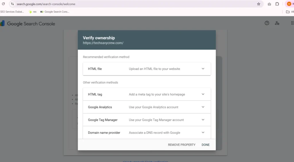 Google Search Console verification options showing HTML file, HTML tag, Google Analytics, Tag Manager, and DNS methods for verifying website ownership.