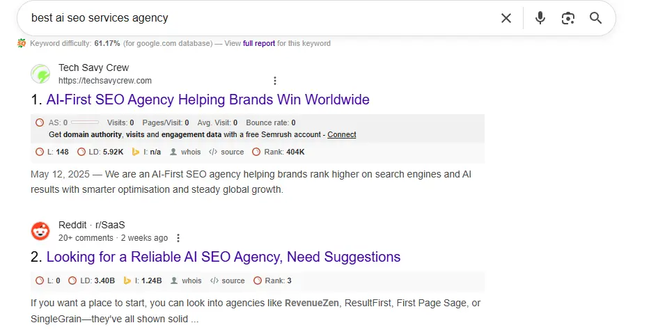 Search Engine Result Pages For Best AI SEO Services Agency